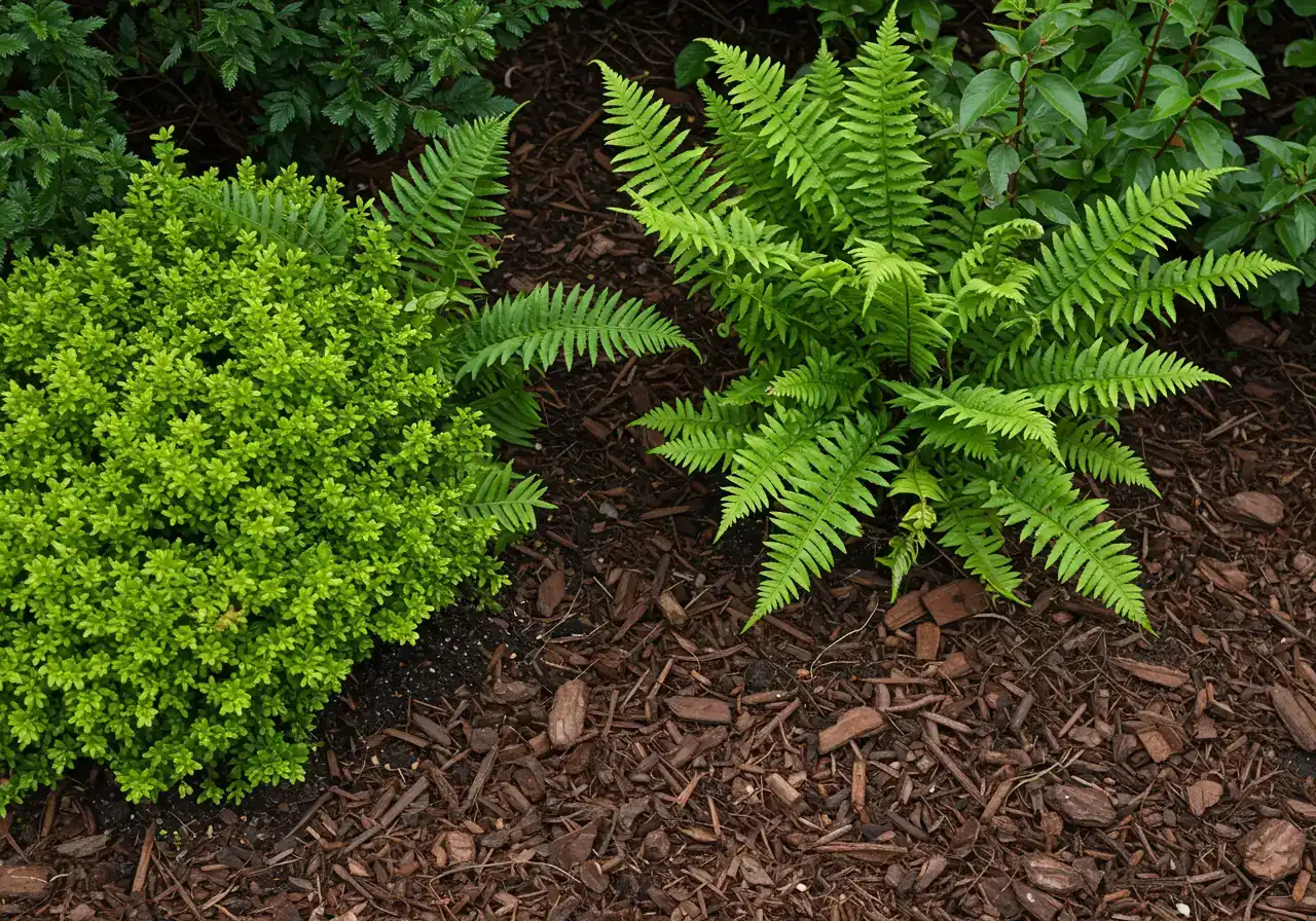 A detailed overhead shot displaying a properly mulched garden bed. The image should feature a variety of healthy green plants (e.g., ferns, small shrubs) surrounded by a consistent 2-3 inch layer of dark brown shredded bark mulch. Crucially, the mulch should be shown pulled back slightly (about an inch or two) from the base of each plant stem, highlighting the correct application technique to prevent rot. The soil beneath the mulch should look dark and moist.