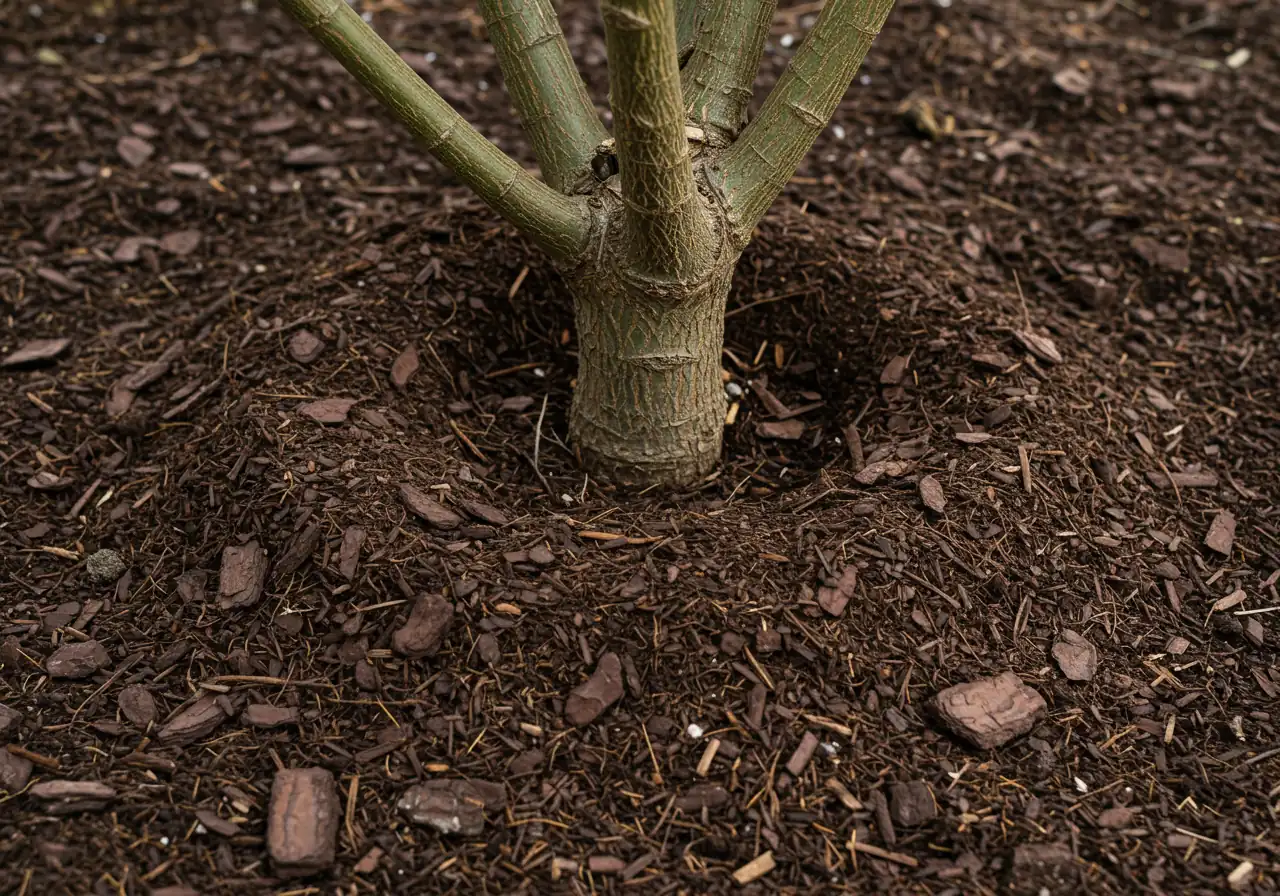 A visually appealing image demonstrating the proper application of organic mulch. It should show the base of a healthy shrub or small tree trunk rising from the soil, surrounded by a consistent, thick layer (approx. 2-3 inches) of natural brown shredded bark mulch. Crucially, the mulch should form a 'donut' shape, pulled back slightly from the base of the trunk itself to prevent rot, covering the surrounding soil evenly. The texture of the mulch should be clear.