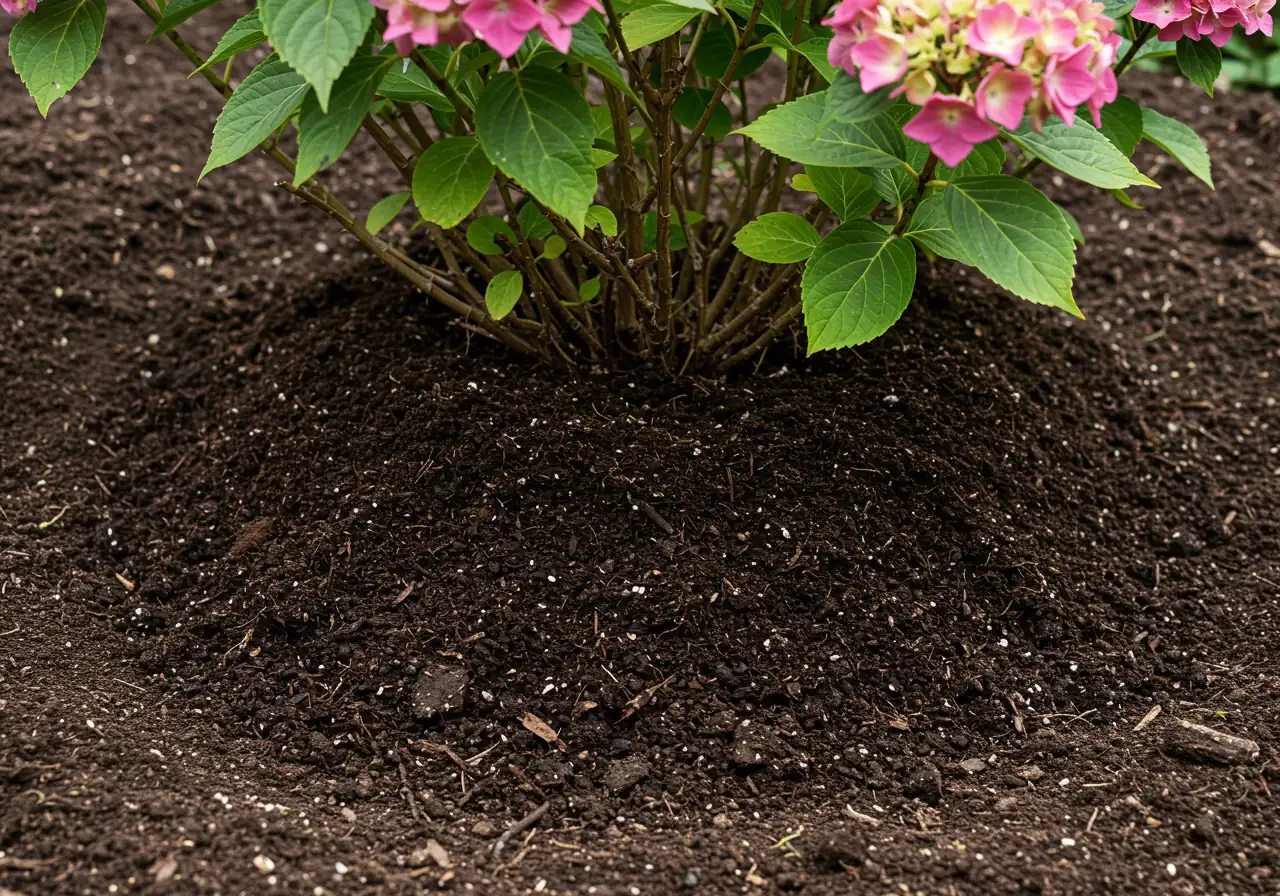 An overhead view of rich, dark compost being gently spread around the base of mature flowering shrubs (like hydrangeas or roses) in a garden bed. The contrast between the dark compost and the existing soil/mulch should be visible. Focus on the texture of the organic matter. No tools, hands, or people.