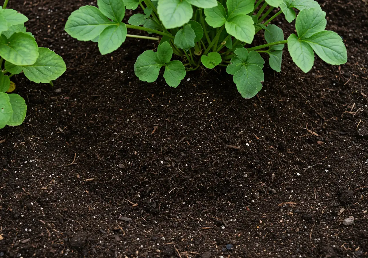 An overhead close-up view of rich, dark compost being gently spread around the base of a recovering perennial plant (like a hosta or coneflower) in a garden bed. Show the contrast between the dark compost and the lighter garden soil. Focus on the texture of the compost and soil, suggesting soil improvement. No hands visible, just the action of amendment.