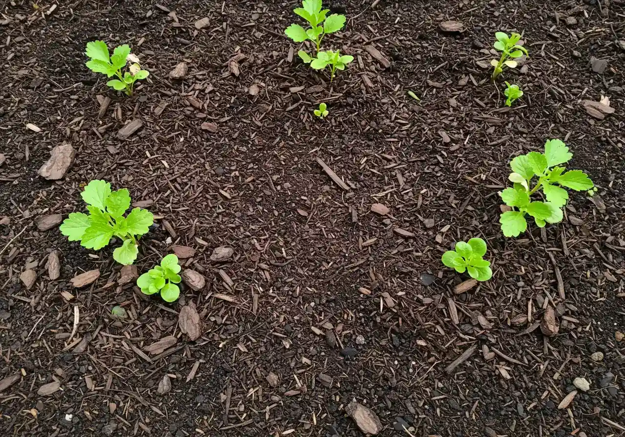 An overhead close-up shot showing fresh, dark brown shredded hardwood bark mulch being applied or recently applied around the base of several dormant or just-emerging rain garden plants. The image should clearly show the ideal 2-3 inch depth of mulch and the small gap left around the plant stems/crowns to prevent rot.