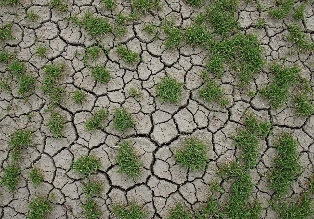 An overhead photograph capturing the challenging texture of compacted, heavy clay soil. The image should show dry, possibly cracked earth with sparse, unhealthy-looking grass patches, visually representing poor drainage and difficult growing conditions typical of compacted clay.