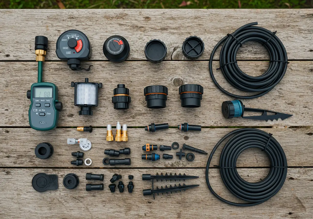 An organized flat-lay photograph displaying the key components of a basic drip irrigation kit arranged neatly on a clean, neutral background like weathered wood planks or a patch of healthy lawn. Include a timer, backflow preventer, pressure regulator, filter, tubing adapter, a small coil of mainline tubing, various emitters (drippers and maybe a small section of drip line), connectors (tees, elbows), end caps, and ground stakes.