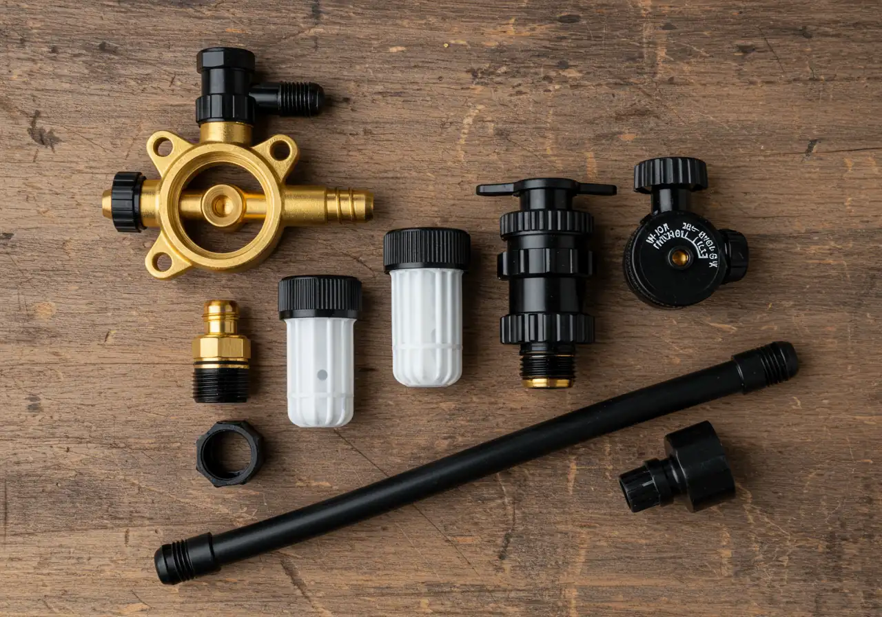 An overhead, neatly arranged flat lay photograph displaying the essential 'head assembly' components for a drip irrigation system against a clean, neutral background like weathered wood planks or lawn grass. Components shown should include: a brass backflow preventer, a cylindrical black inline water filter, a black pressure regulator, and a plastic tubing adapter. No brand names visible.