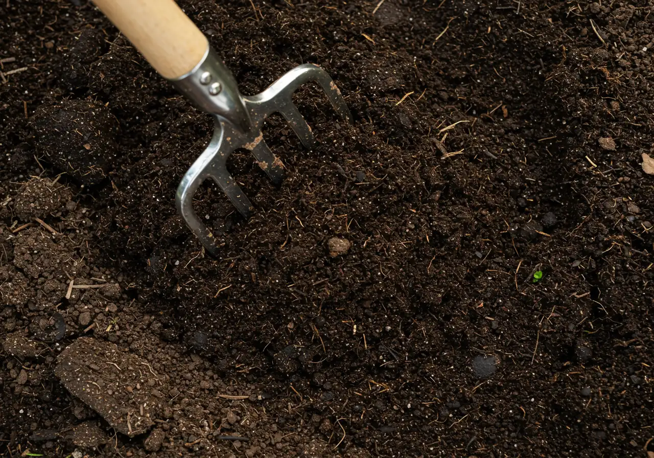 An overhead close-up shot showing rich, dark compost being gently mixed into lighter-colored garden soil. A garden fork tine is partially visible, suggesting the action of amending the soil without showing any hands. Focus is on the contrasting textures and colors of the soil and compost.