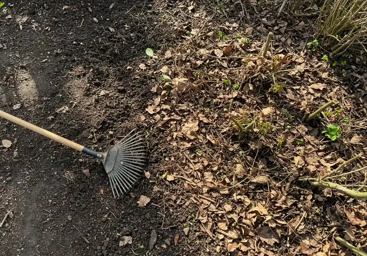 An overhead perspective photograph capturing a garden bed corner during spring cleanup. One half of the frame vividly shows a thick, matted layer of brown fallen leaves, small twigs, and other winter debris covering the dormant soil and plant bases. The other half shows the dark, damp, clean soil after the debris has been raked away. A sturdy metal leaf rake lies partially visible on the cleared section, symbolizing the cleanup process.