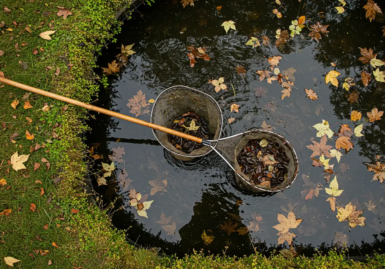 An overhead view looking down into a pond where a long-handled pond net is actively scooping out fallen autumn leaves (red, orange, yellow) and dark sludge from the water near the edge. The water is slightly murky from the activity. Focus on the action of cleaning without showing people.