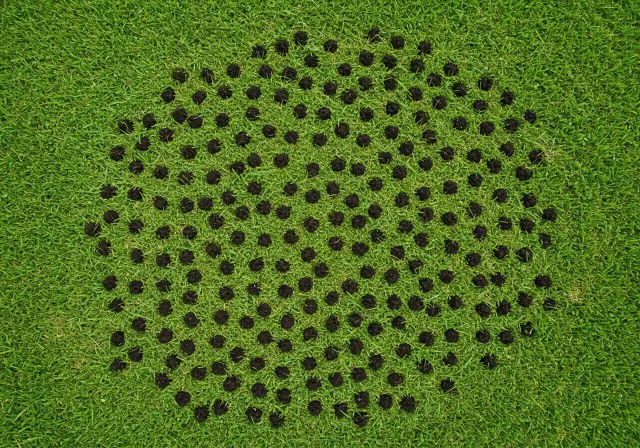 A clear photograph looking down onto a section of lawn that has just undergone core aeration. The image shows numerous small, cylindrical plugs of soil scattered across the surface of the green turf. The grass itself might look slightly stressed but viable. The focus is on the aeration plugs and their distribution.