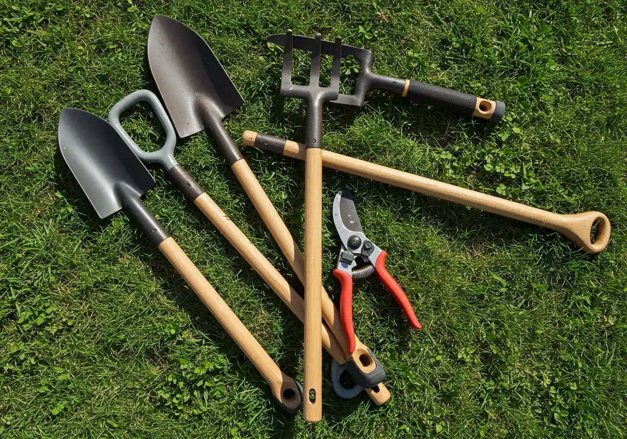 A collection of various ergonomic garden tools displayed neatly on a clean patch of healthy green grass. Include a lightweight shovel with a slightly curved, D-shaped handle, a pair of hand pruners with thick, cushioned grips, and a long-handled cultivator. The focus should be on the tool designs that reduce strain, shown in bright, natural daylight.