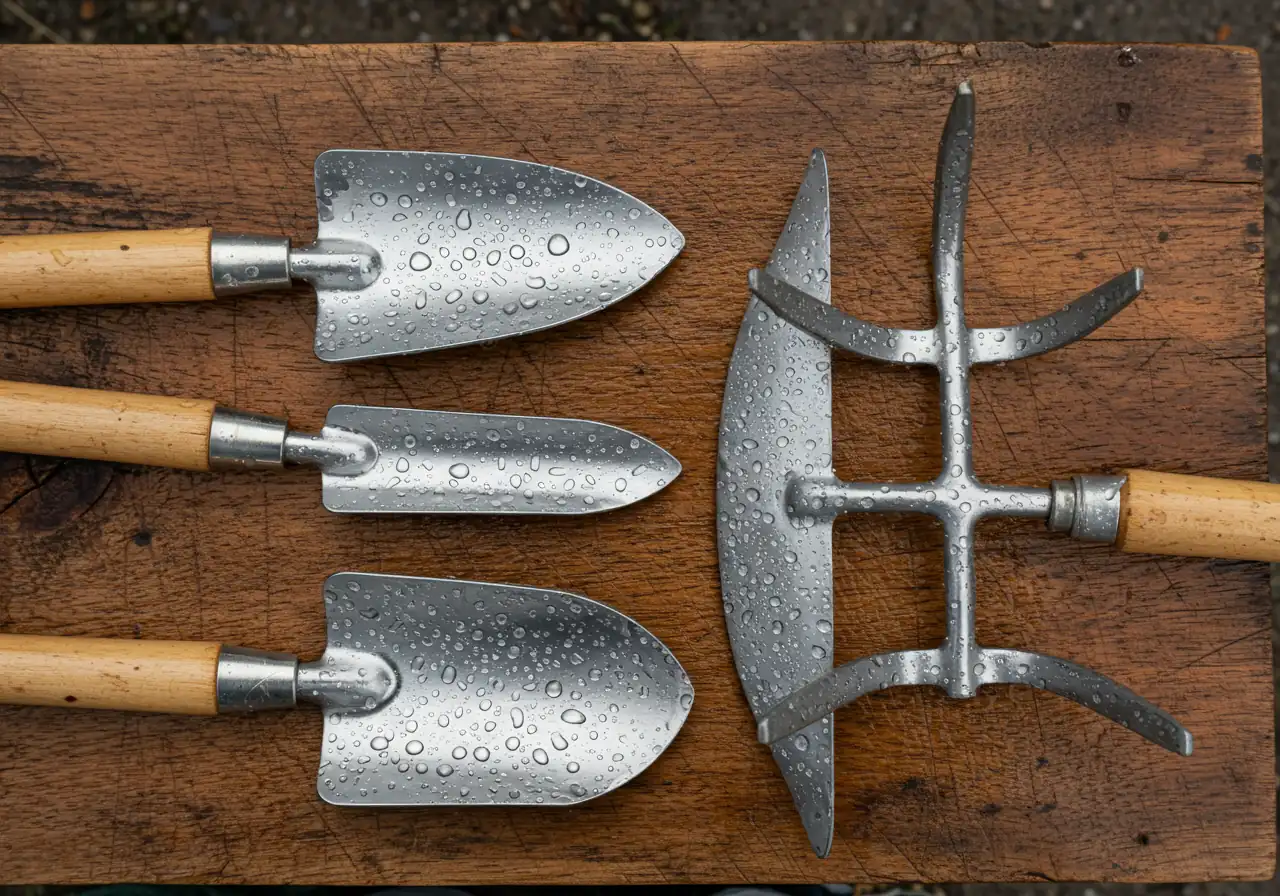 An image showing several garden hand tools (trowel, cultivator, hand fork) freshly cleaned and laid out neatly to dry on a clean, weathered wooden surface or burlap sack in soft, natural light. Water droplets should still be visible on the metal, highlighting the cleaning process.