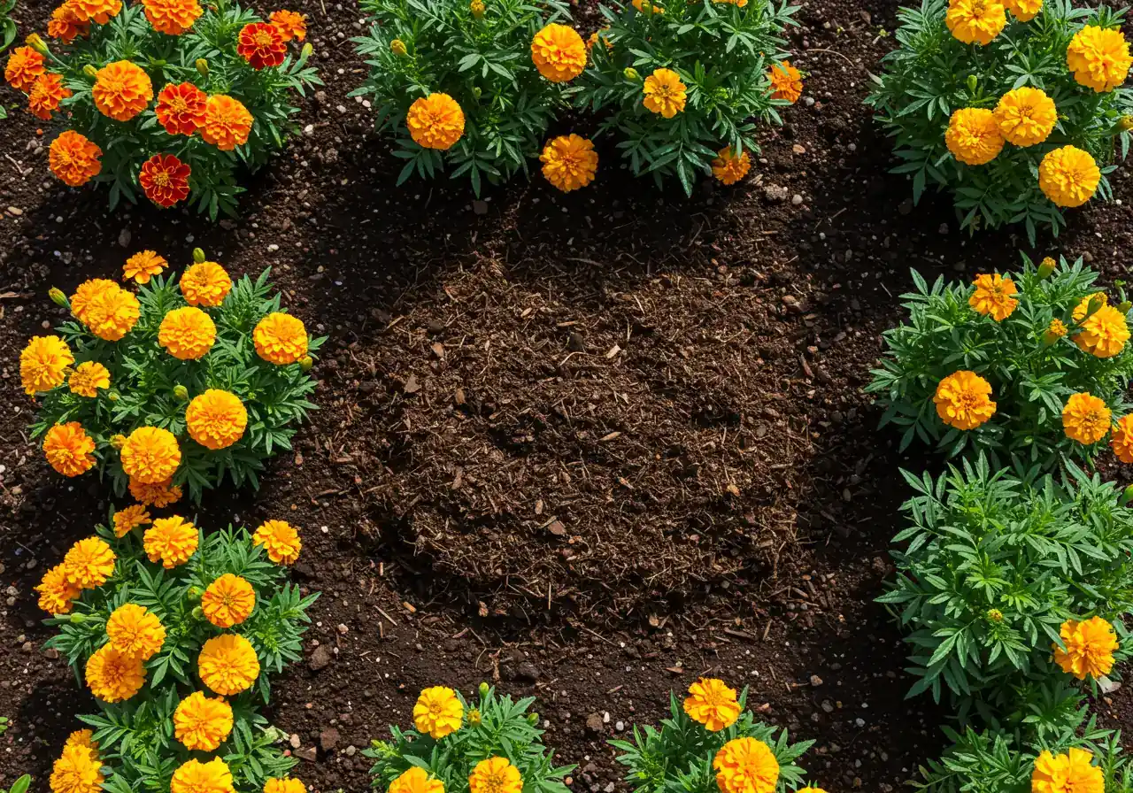 A visually appealing top-down shot of dark, rich organic compost being applied as a top dressing around the base of several vibrant flowering annuals (like marigolds or petunias) in a garden bed. The contrast between the dark compost and the green foliage/bright flowers should be clear. Show the texture of the compost.