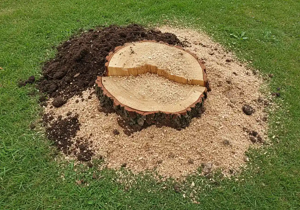 An overhead or slightly angled shot showing the immediate result after grinding: a circular area in the lawn where the stump was, now filled with a noticeable pile of fresh, light-brown wood chips mixed with dark soil.