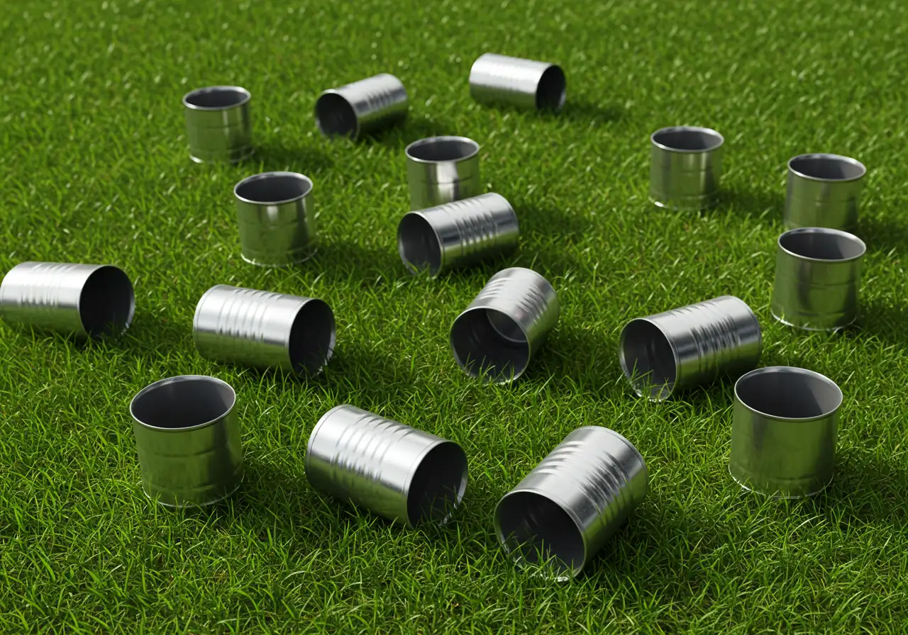 An image depicting the 'Tuna Can Tango' or catch can test setup. Several identical, empty tuna-style cans are placed randomly across a section of healthy green lawn, ready for an irrigation audit.