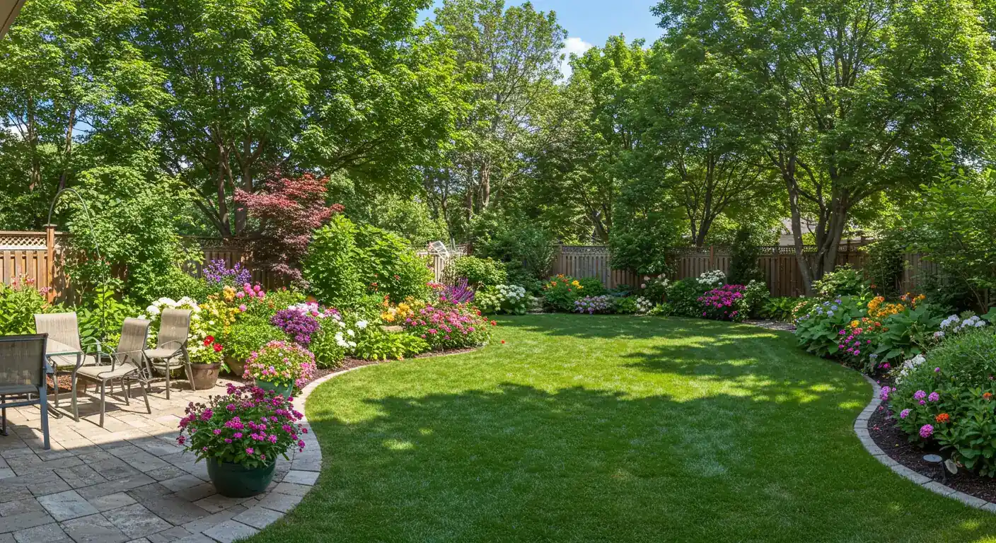 An inviting, beautifully landscaped suburban backyard typical of Nepean. The image should feature a well-maintained lawn, colourful flower beds bordering a stone patio with outdoor seating (no people), and perhaps a small decorative water feature or distinctive shrubs in the background under a sunny sky. This sets an aspirational tone.