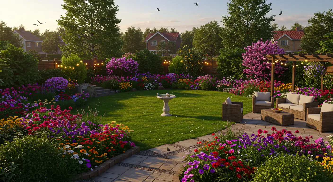 A wide, panoramic view of a beautifully landscaped backyard in Richmond, Ontario. The garden should feature a mix of elements: vibrant flower beds with a variety of colors and textures, a well-maintained green lawn, a stone or paved patio with comfortable seating, and possibly a small water feature like a birdbath or a bubbling rock. The overall style should be inviting and reflect a blend of 'relaxed country charm' and functionality. The background should subtly suggest a residential area, possibly with the edge of a charming house visible, but the focus is on the garden itself. The lighting should be soft and warm, suggesting either early morning or late afternoon.