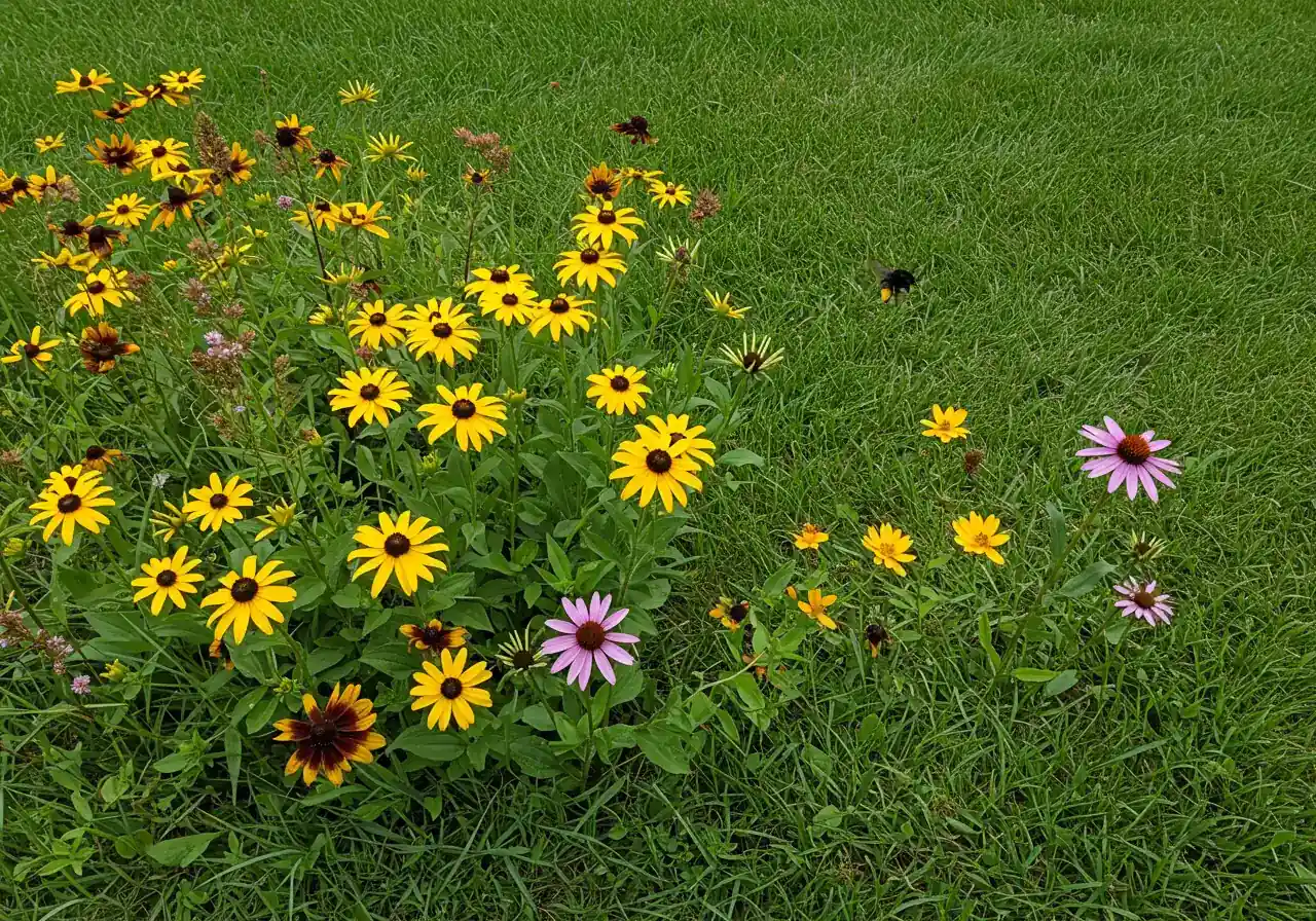 A healthy green lawn, with several bright native wildflowers, and a bee flying towards one.