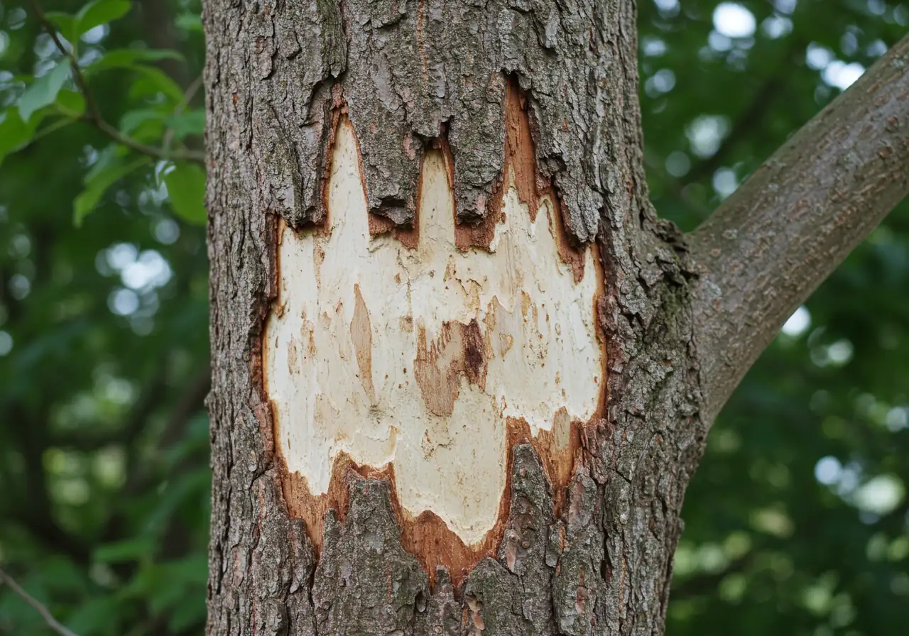 An image displaying significant woodpecker damage, known as 'blonding,' on the trunk of a mature ash tree. Show patches where the darker outer bark has been stripped away by woodpeckers feeding on EAB larvae, revealing the lighter-colored inner bark.