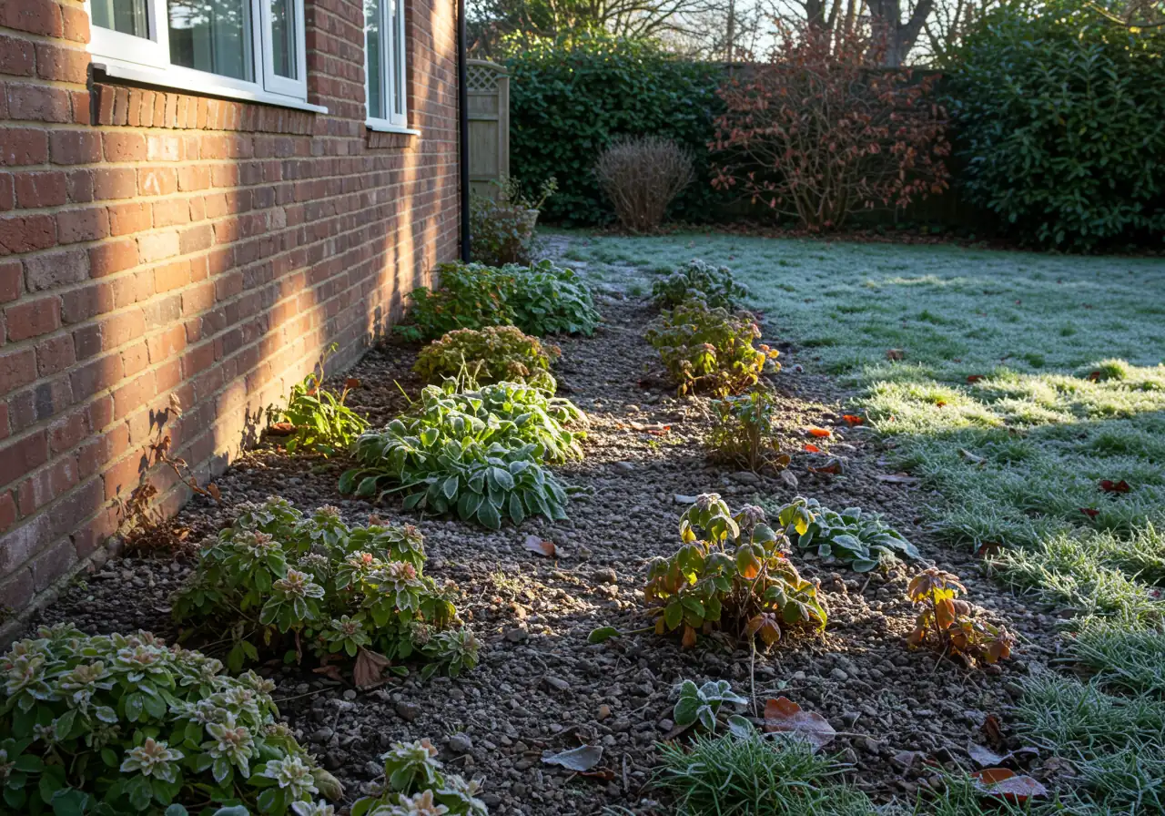 A late autumn garden scene highlighting microclimate differences. One side of a garden bed near a south-facing brick wall is sunny and free of frost, with snow perhaps melted away. An adjacent area further from the wall or in shade still shows visible frost on the dormant plants and ground, illustrating how structures and sun exposure create warmer and colder zones within the same yard.