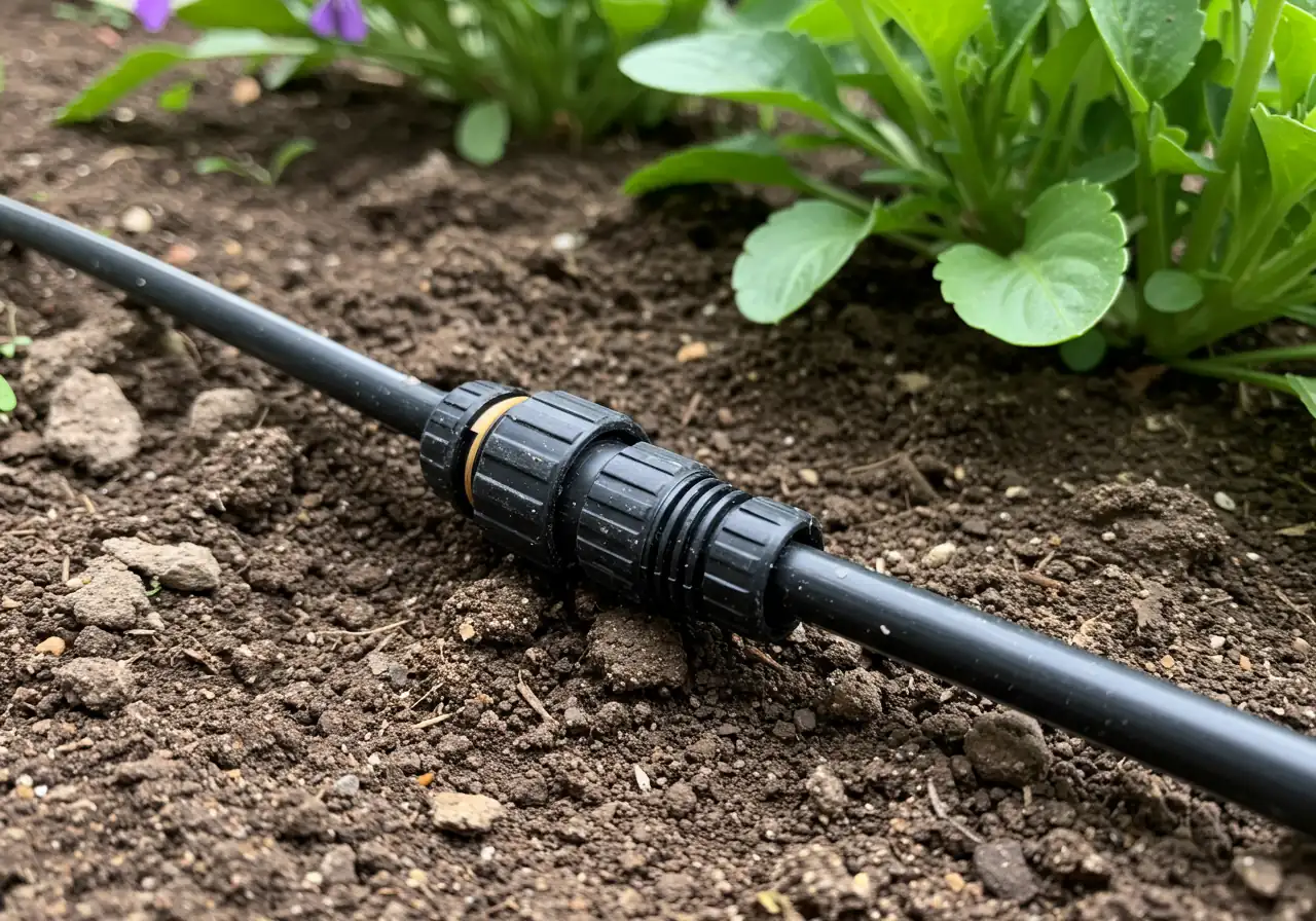 A clear photograph showing black 1/2 inch mainline poly tubing laid on top of soil in a garden bed. A smaller black 1/4 inch distribution tube is connected to the mainline using a small black barbed connector inserted into a punched hole on the side of the mainline. The 1/4 inch tubing snakes towards nearby small flowering plants.