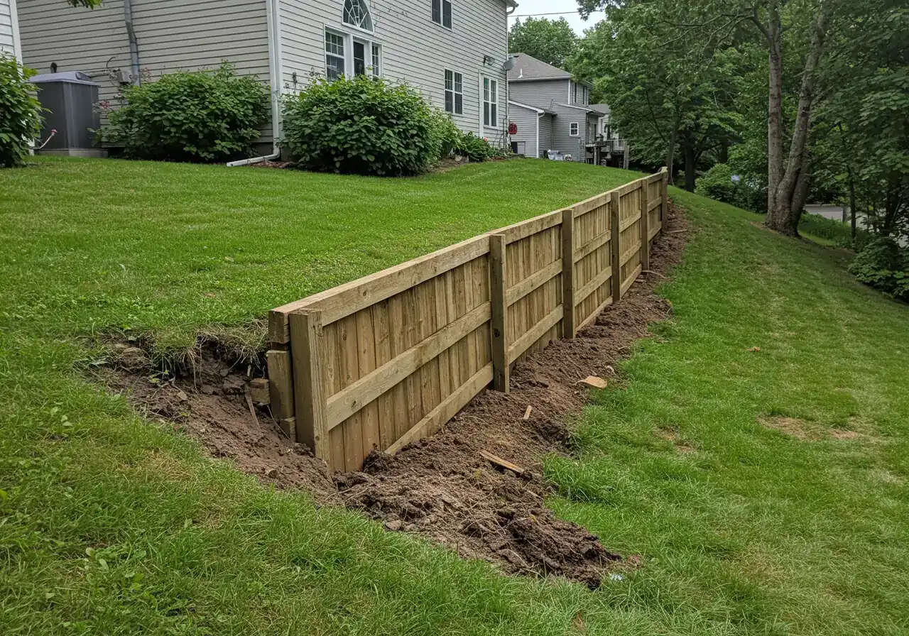 A visual illustrating a potential by-law issue related to safety or neighbourly disputes. For instance, a slightly leaning, improperly built small wooden retaining wall at the edge of a property, showing potential instability, or perhaps overgrown shrubs partially obscuring a driveway entrance view.