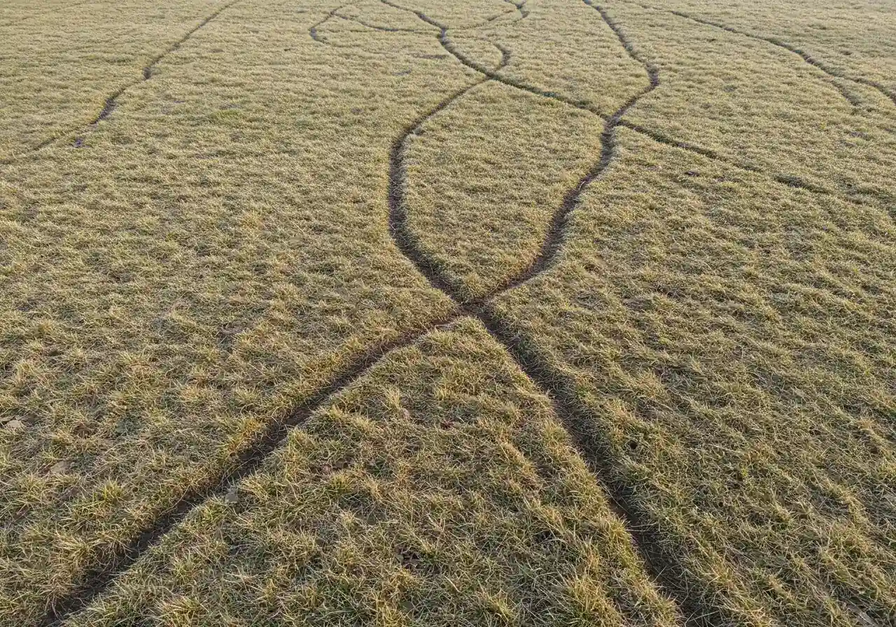 A clear photograph showing the typical crisscrossing surface runways created by voles on a lawn, revealed after snow melt. This visual helps homeowners identify the primary sign of vole activity.