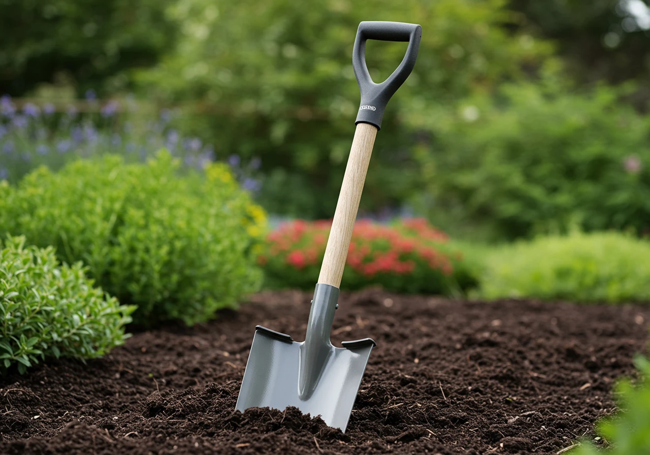 A detailed photograph focusing on an ergonomic shovel. The image should highlight its key features like the curved handle and D-grip, perhaps leaning against a clean garden fence or shed, suggesting practicality and improved design.