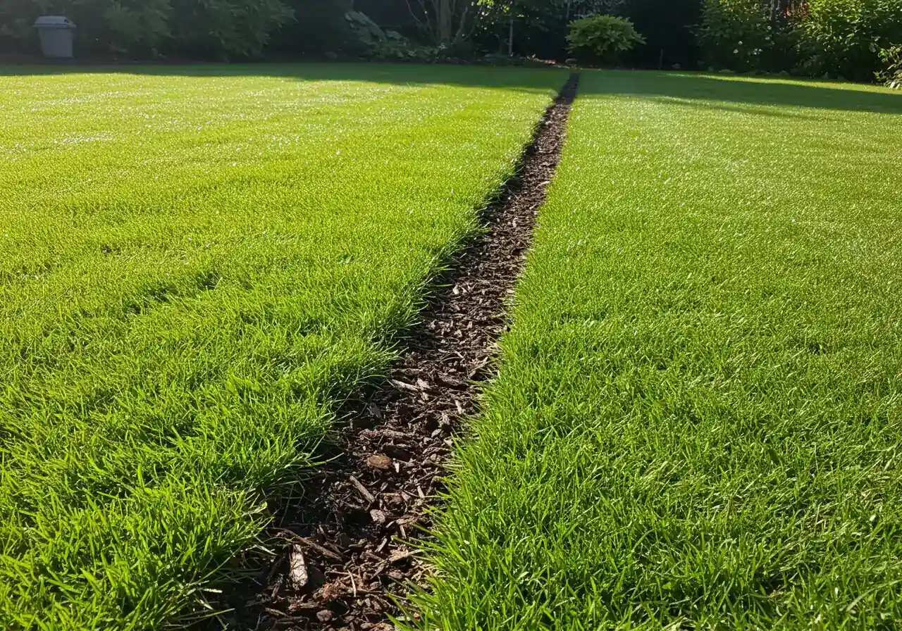 A visually appealing shot focusing on a crisp, clean, professionally cut edge between a green lawn and a neatly mulched garden bed. The sharp contrast should highlight the 'instant impact' of edging.