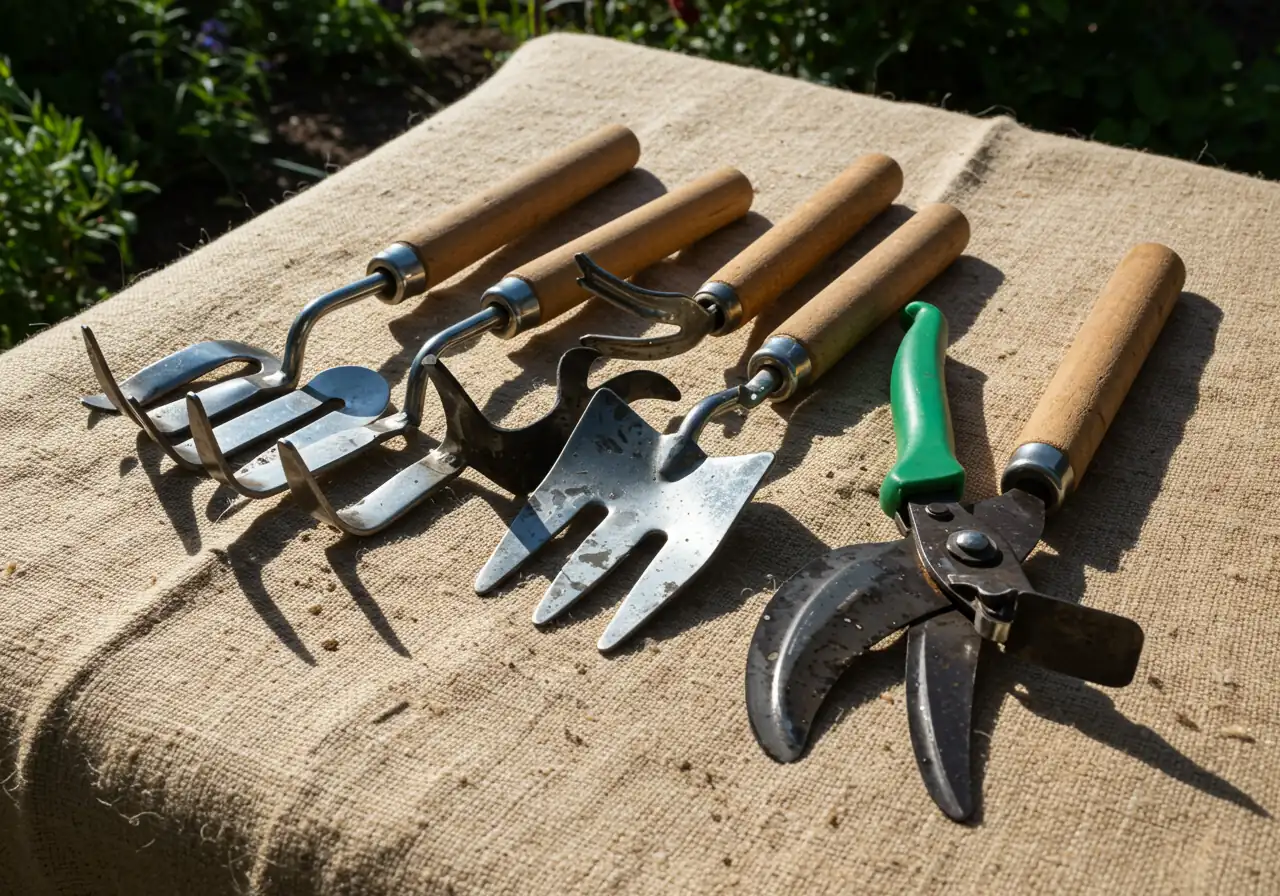 An image capturing several freshly cleaned garden hand tools (like a trowel, hand cultivator, and pruning shears) laid out neatly to dry on a clean, absorbent burlap sack or an old, neutral-colored towel. The tools should be visibly free of dirt, with metallic parts possibly showing a slight glint of residual moisture or protective oil. The setting could be outdoors in diffused sunlight or a well-lit, clean shed area.