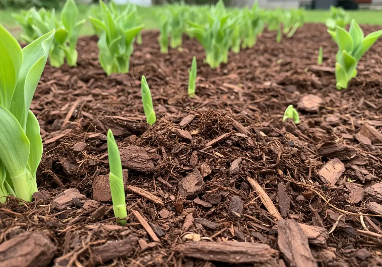 A detailed view of a neatly edged garden bed filled with dark brown or black wood chip mulch applied around the base of several emerging perennial plants (like hosta shoots or daylily sprouts). The edge between the mulched bed and the adjacent green lawn is crisp and clean. The mulch looks fresh and evenly spread, highlighting the texture contrast between mulch, soil, and plants.