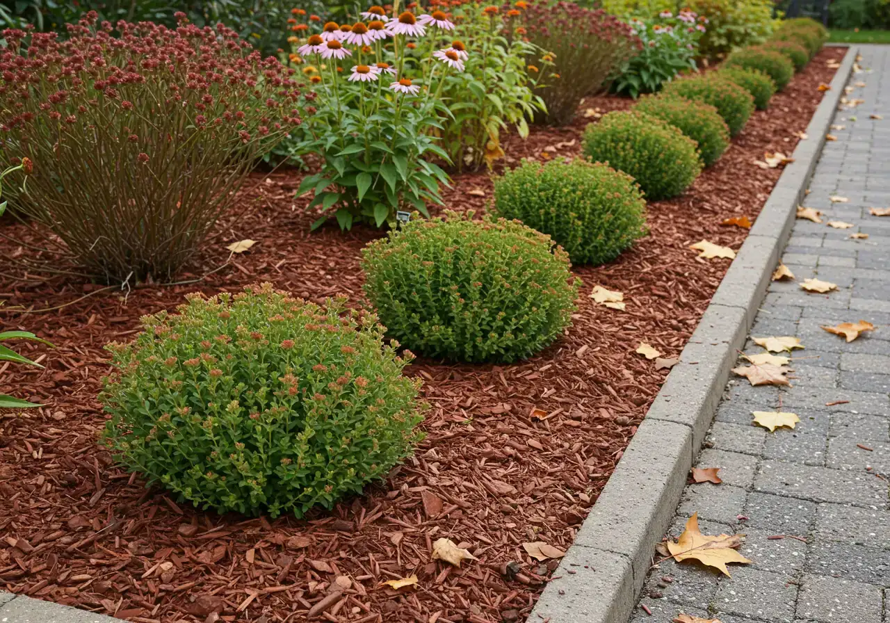 A clear photograph showing the base of several perennial plants (e.g., sedum, coneflower stems) in a garden bed after fall cleanup. A fresh, even layer (approx. 3 inches deep) of dark brown shredded bark mulch covers the soil around the plants, stopping short of the plant crowns/stems. Fallen autumn leaves are scattered lightly on top of the mulch.