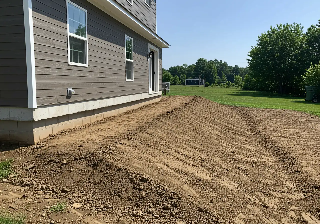 A photograph demonstrating correct positive grading. The ground (can be lawn or soil/mulch) slopes gently and consistently *away* from the visible foundation of a house. The area immediately adjacent to the foundation appears dry, visually indicating effective surface water runoff away from the structure. The slope is subtle but clear.