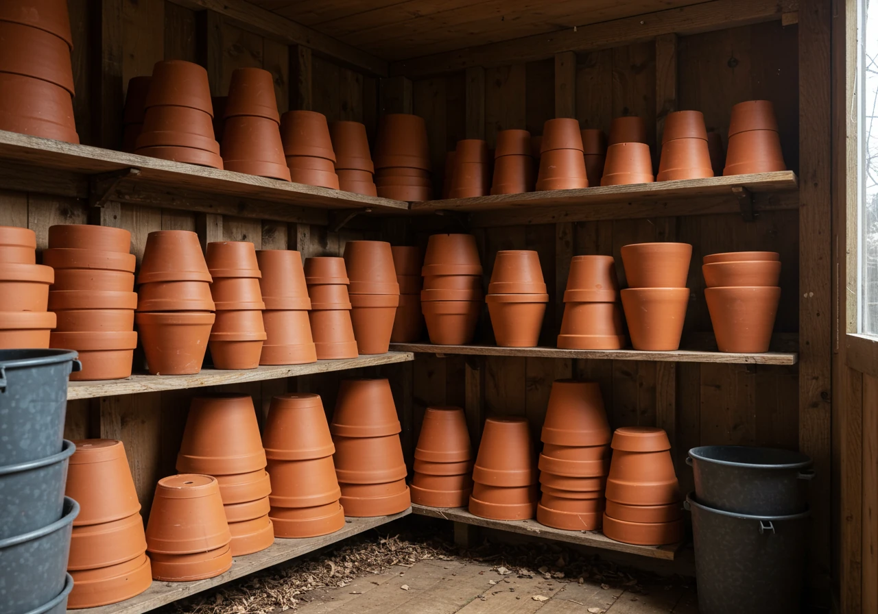 An organized corner inside a garden shed or garage. Several clean terracotta and ceramic pots of various sizes are neatly stacked upside down on wooden shelves or the floor, demonstrating proper winter storage to prevent cracking. Maybe a clean, coiled garden hose is hanging nearby.