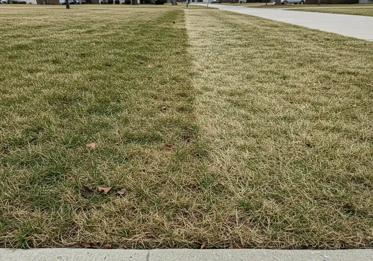 A photograph showing the distinct line of brown, dead grass along the edge of a concrete driveway or sidewalk, contrasting sharply with potentially greener grass further away. This illustrates typical roadside or pathside salt damage after winter.