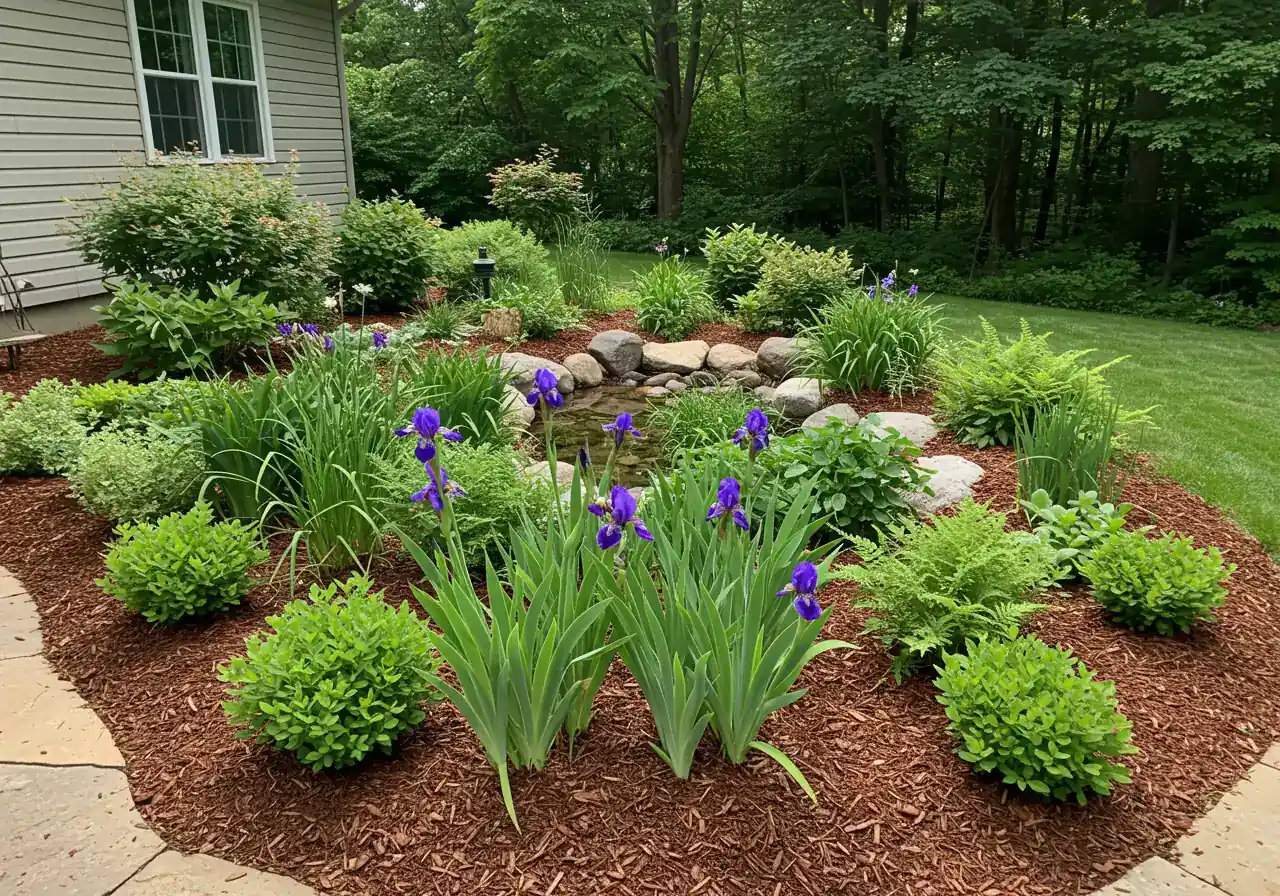 A vibrant photograph of an established rain garden in a residential setting. The image should feature a shallow depression filled with a variety of water-tolerant native plants (like irises, sedges, or dogwood shrubs) in bloom or with lush foliage, possibly with some decorative rocks or mulch.