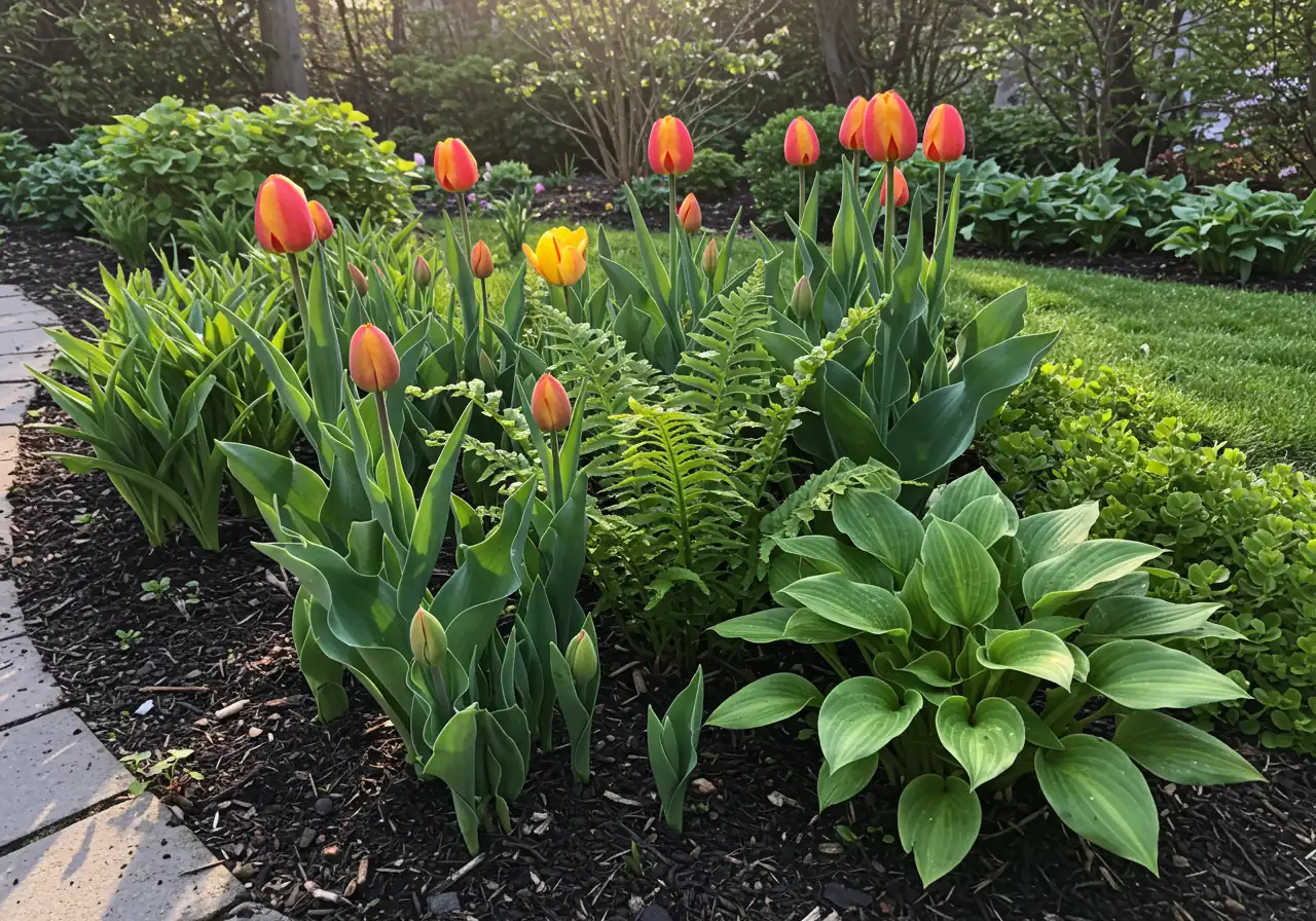 An inviting image of a well-planned, thriving spring garden bed resulting from good planning. Shows a harmonious mix of healthy plants with different textures and colours (e.g., blooming tulips, emerging hostas, ferns) looking neat and mulched under bright spring sunshine. Represents the successful outcome of applying garden knowledge.