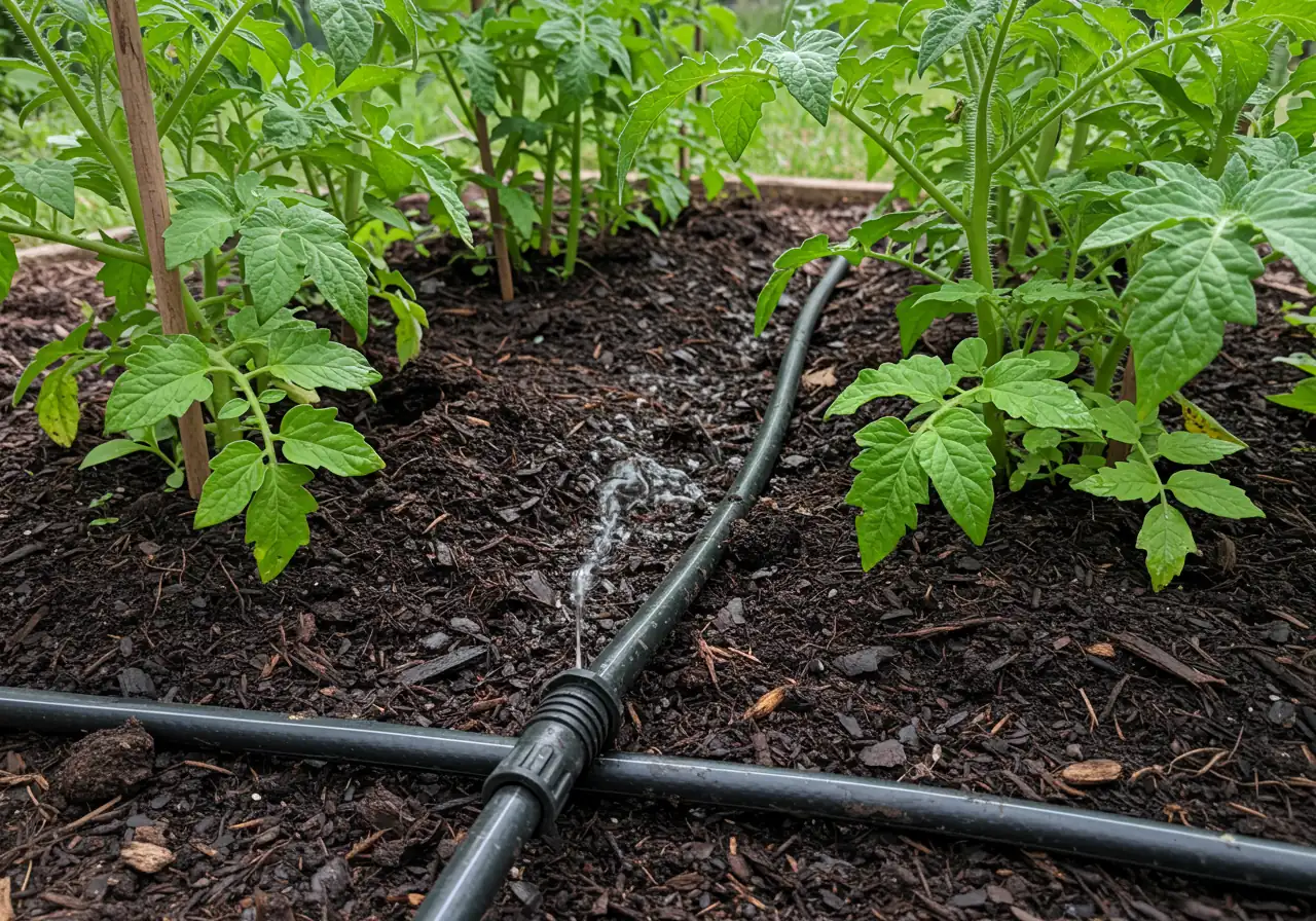 An image demonstrating the 'Water Like a Pro' technique. It should show a soaker hose or drip irrigation line placed correctly at the base of garden plants (e.g., tomatoes or perennials), delivering water directly to the soil, leaving the foliage dry. The soil around the hose should look moist.