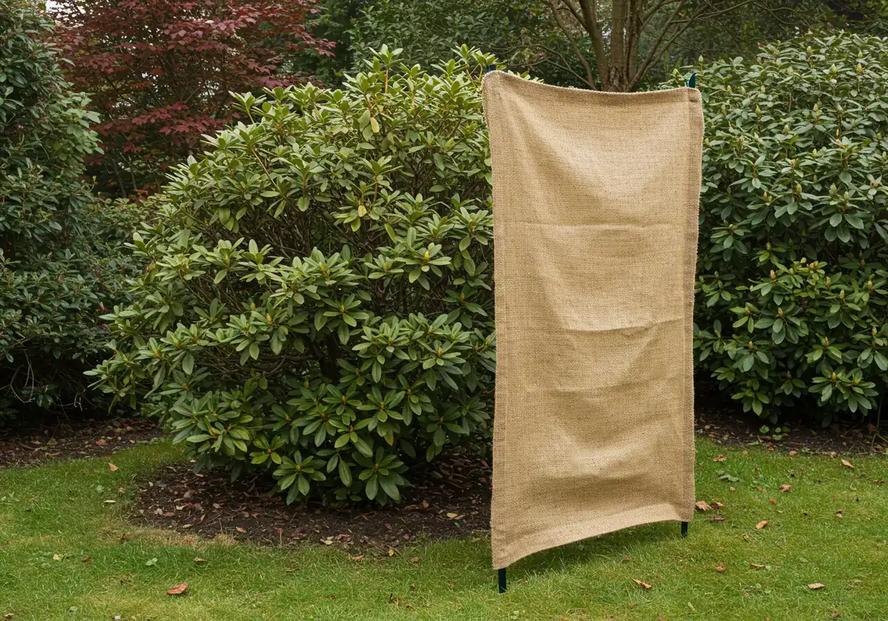 A photograph showing a small-to-medium sized broadleaf evergreen shrub (like a rhododendron) partially protected by a burlap screen staked into the ground on one side. The burlap should look like a barrier against wind, not tightly wrapped around the plant. The scene should suggest late fall or early winter conditions.