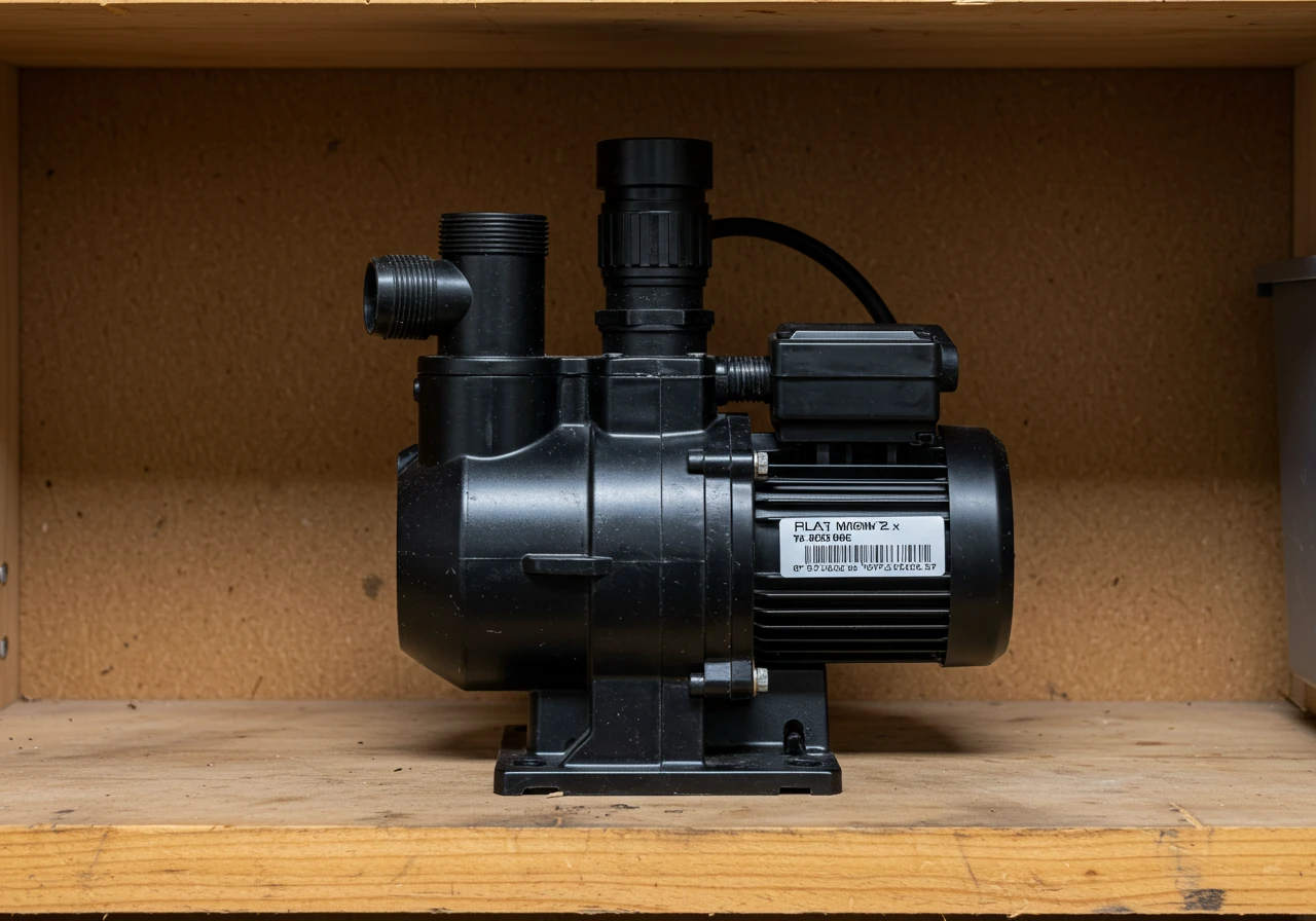 A clean, well-maintained water feature pump shown properly stored indoors for the winter. The pump sits neatly on a clean wooden shelf in a dry, organized basement or heated garage setting. The focus is solely on the pump, representing safe winter storage.