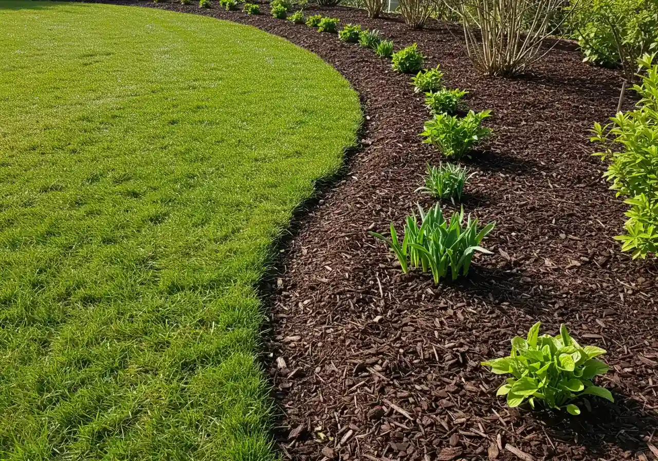A visually appealing photograph showcasing a neatly defined garden bed edge separating a lush green lawn from a freshly mulched garden bed. The edge should be crisp and clean, possibly created with a spade cut or simple landscape edging material (like metal or stone). Early spring perennials might be visible emerging from the dark mulch.