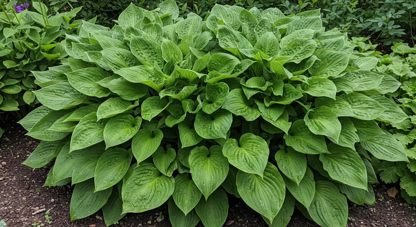 A clear example of an overcrowded perennial clump, like hostas or daylilies, visually demonstrating the problem described in the introduction. The center of the clump should look less vigorous or slightly bare compared to the dense outer growth, illustrating the 'donut hole' effect mentioned later.