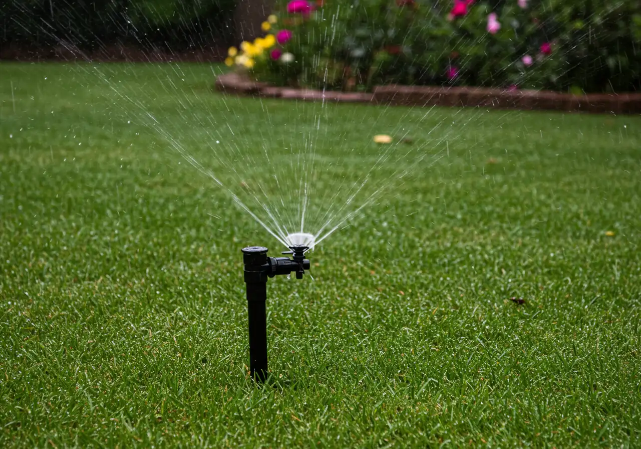 A visual representation of weather-aware watering. The image should show a garden or lawn sprinkler system installed but *not* operating, while visible raindrops fall onto the green grass and surrounding plants. This illustrates the 'rain skip' feature without needing text or UI elements.