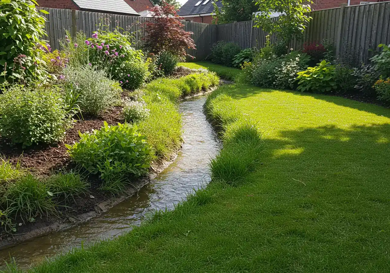 A visually appealing photograph of a well-integrated landscape swale in a residential backyard. The swale should appear as a shallow, gently curving channel, possibly lined with river rocks or planted with moisture-tolerant grasses/plants, effectively blending into the surrounding lawn and garden landscape. It should look like a functional and aesthetic drainage solution.