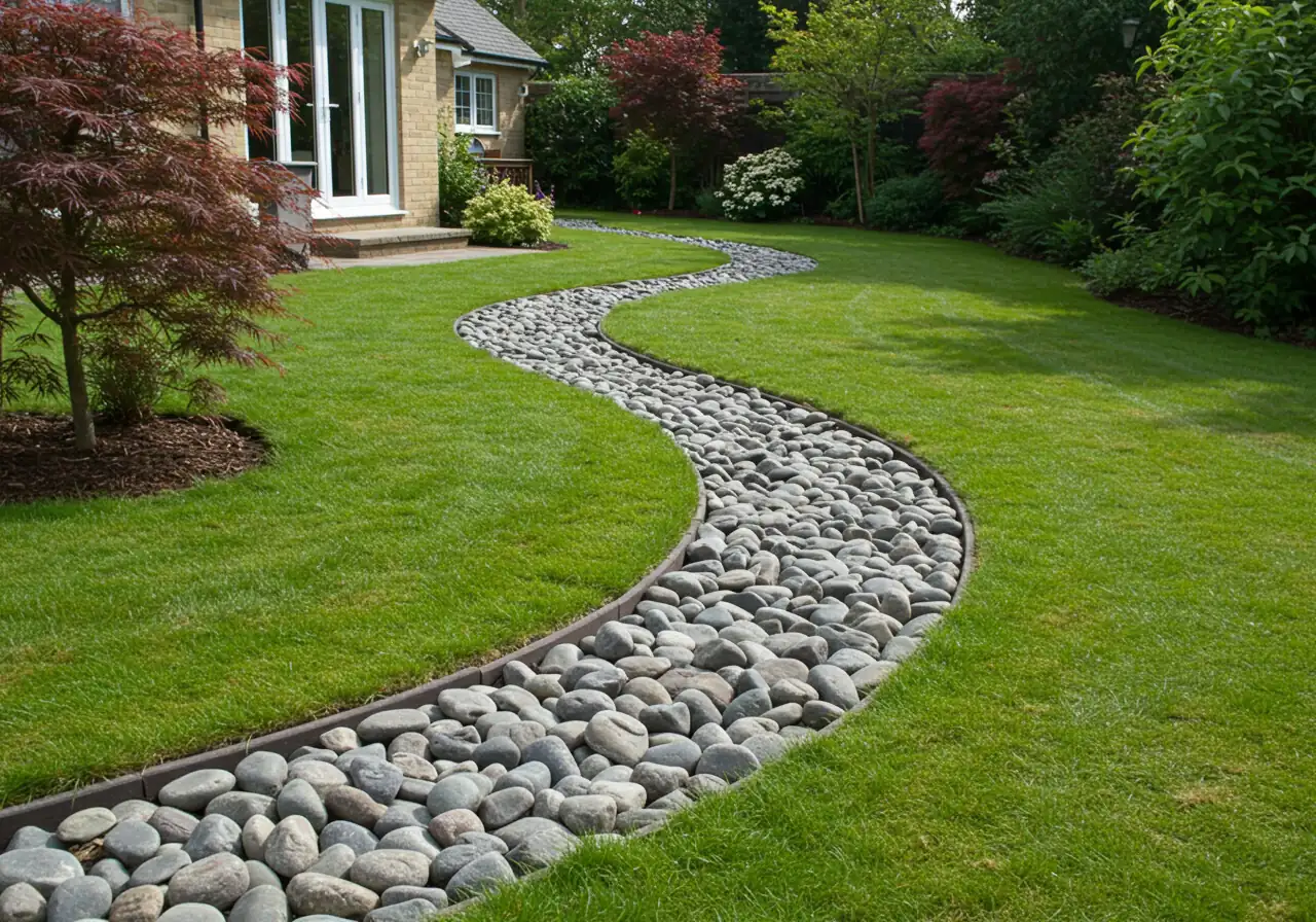 An image of a well-integrated landscape swale in a backyard setting. The swale should appear as a wide, shallow, gently sloped channel, possibly lined with river rock or dense turfgrass, curving naturally through the yard to direct water flow.