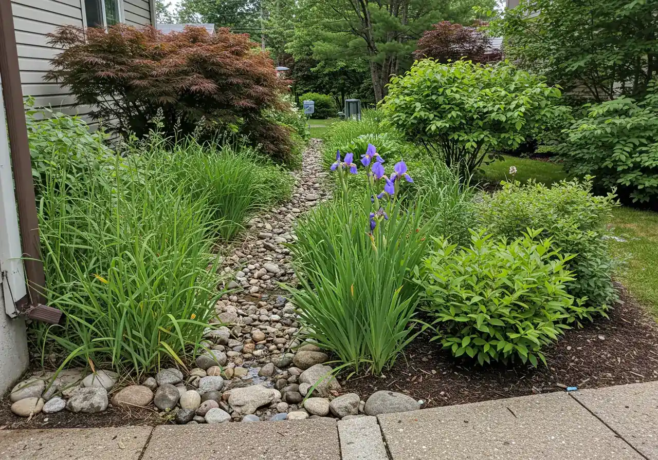 A thriving rain garden integrated into a residential landscape. Showcases native, water-loving plants (like grasses, irises, dogwood shrubs) and rocks strategically placed in a shallow depression designed to capture and filter rainwater runoff from a nearby downspout (visible but not the main focus). Represents sustainable drainage.
