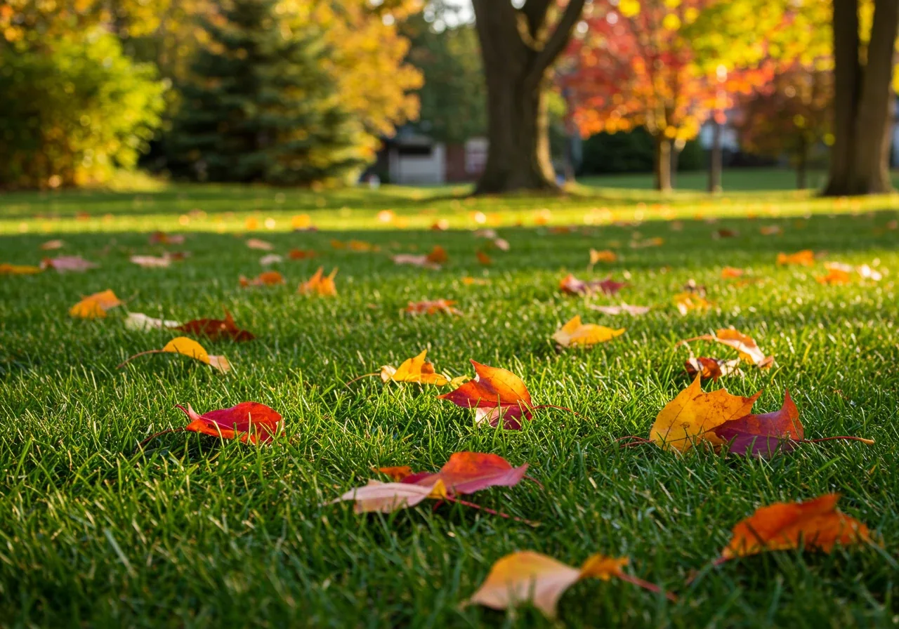 A scenic photograph of a residential lawn during the peak fall season in Ottawa. The image should show healthy green grass lightly scattered with vibrant red and orange fallen maple leaves, under crisp autumn sunlight, establishing the ideal seasonal timing discussed in the section.