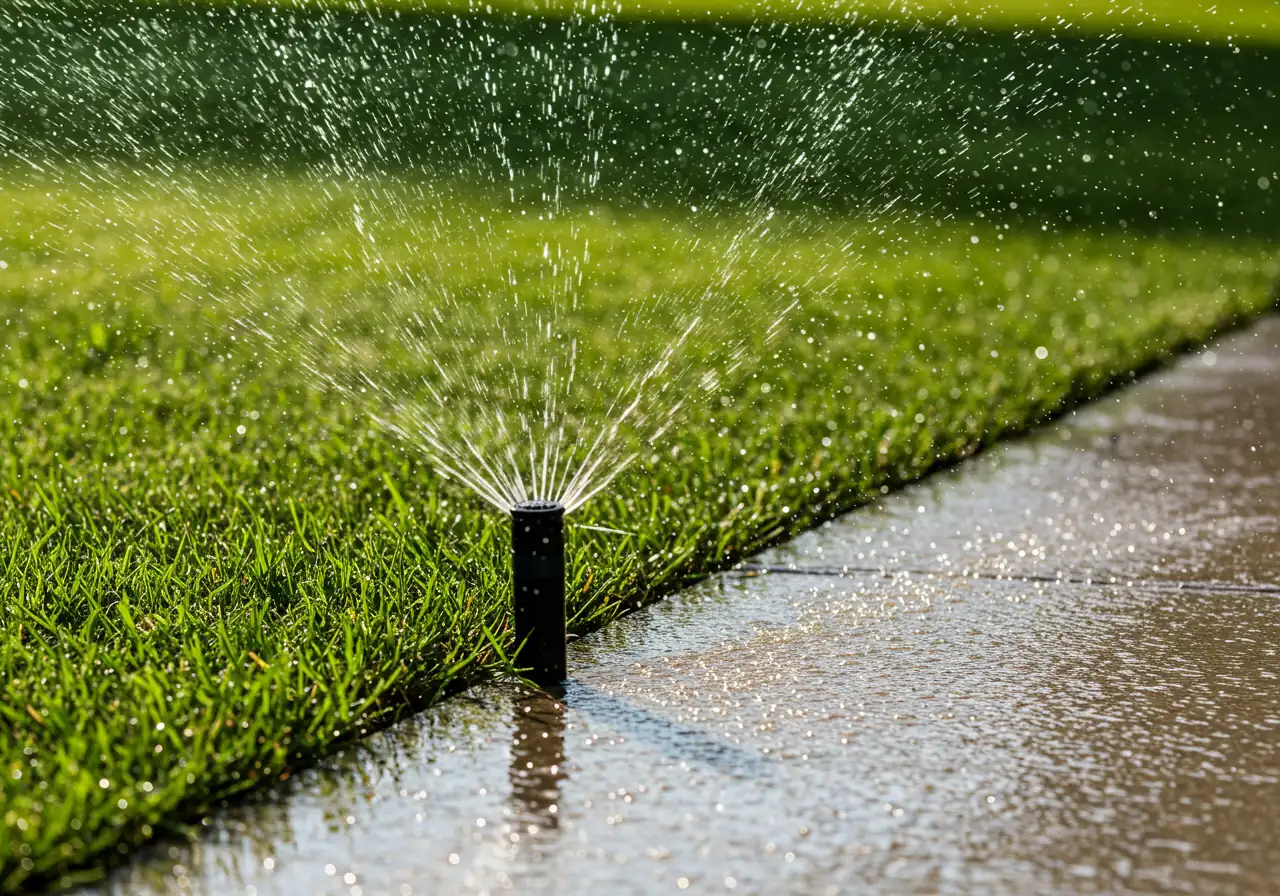 A photograph showing a sprinkler head spraying water inefficiently, with a significant portion of the spray pattern landing directly onto a concrete sidewalk or driveway adjacent to a green lawn. The pavement appears wet while parts of the lawn might look dry, illustrating poor coverage or misdirection.
