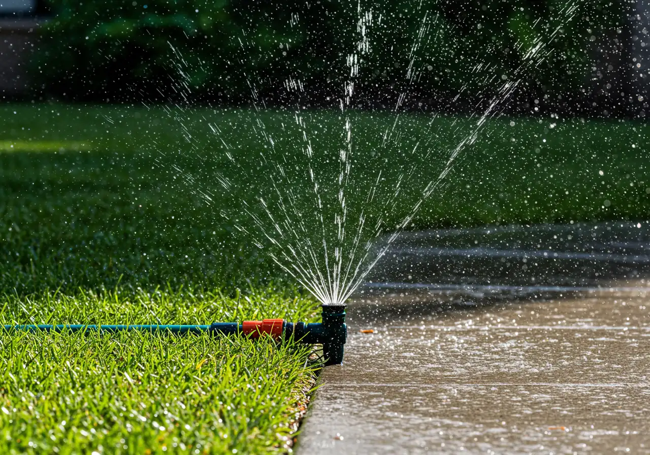 A photograph capturing a common inefficiency of traditional sprinklers: an oscillating or pop-up sprinkler head spraying water directly onto a concrete sidewalk or driveway next to a green lawn. The focus should be on the misdirected water creating wet patches on the hardscape, symbolizing waste.