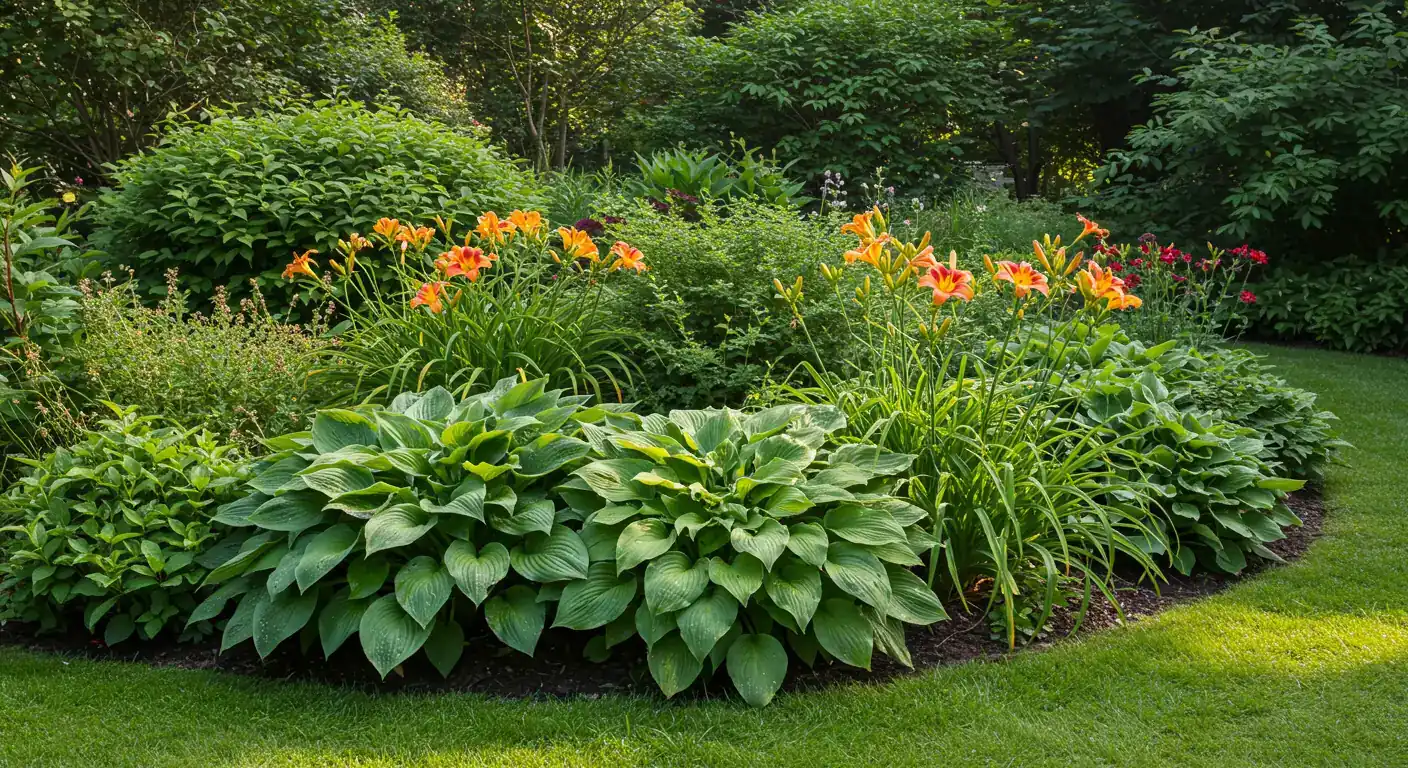 A vibrant, healthy Manotick-style garden border in bright early summer sunlight. The image should showcase lush green hostas with intact leaves, colourful blooming perennials (like daylilies or peonies), and well-maintained shrubs, visually representing the ideal healthy garden state the article aims to achieve. The lighting should be warm and inviting.