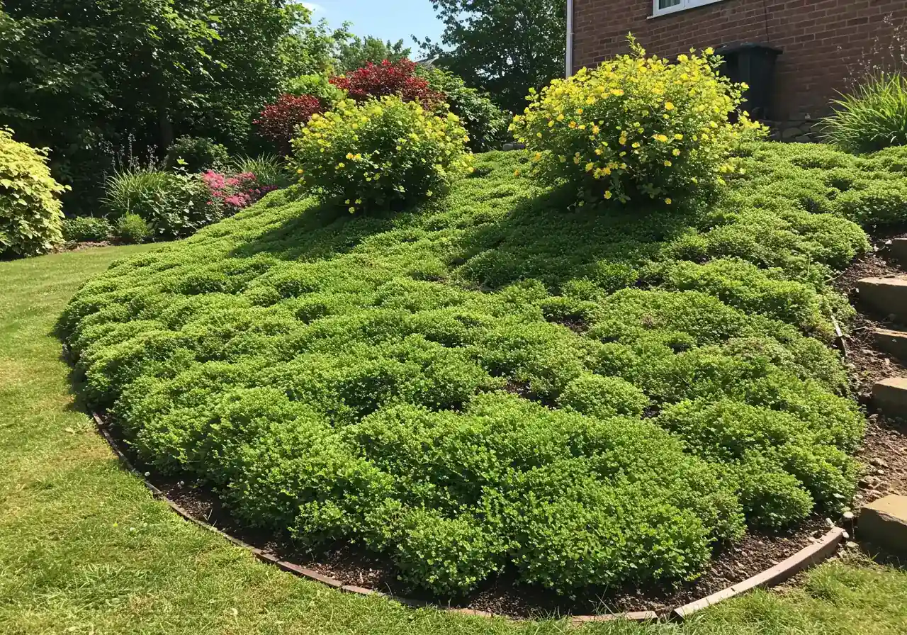 A visually appealing photograph showcasing a well-established, stabilized slope garden. It should feature a dense mix of thriving, low-growing groundcover plants (like creeping sedum or thyme varieties) effectively covering the soil, interspersed with a few hardy, medium-sized shrubs (like potentilla), demonstrating successful planting for erosion control.