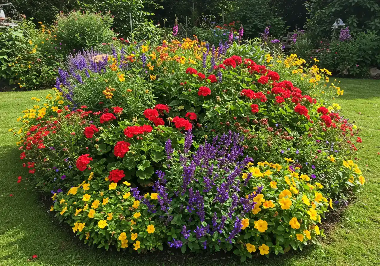 A vibrant, healthy garden bed filled with a mix of blooming annuals like red geraniums, yellow marigolds, and blue salvia after regular deadheading. The plants look lush, full, disease-free, and are packed with colourful blooms under bright sunlight. No spent flowers are visible.